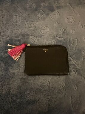 Fossil Black Leather Zip Pouch with Pink Tassel
